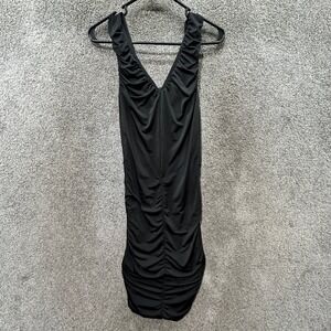 Black Sleeveless V‎ Neck Ruched Bodycon Mini Dress Womens Party Cocktail S/XS